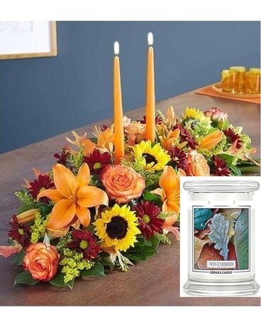 Fields Of Europe Centerpiece with Novembrrr Candle Flower Arrangement