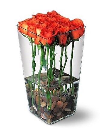 Orange Roses with River Rocks Flower Arrangement