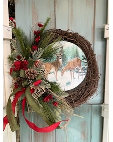 Grapevine Wreath with Metal Deer Sign