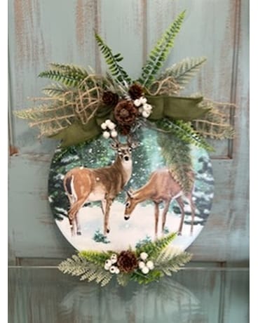 Metal Deer Sign with Evergreen and Bow