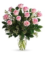 Dozen Pink Roses Vased size,  inches height and  inches wide.