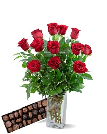 Dozen Roses with Chocolates Flower Arrangement