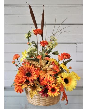Fall Flowers in a Wicker Basket Flower Arrangement