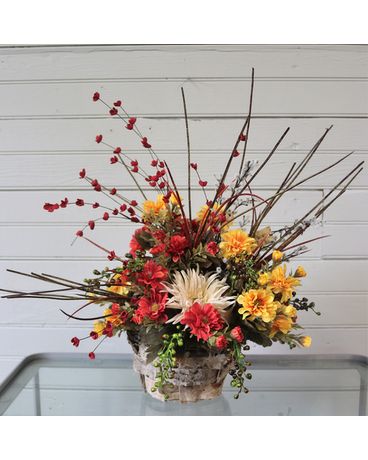Fall Flowers in Birch Basket Flower Arrangement
