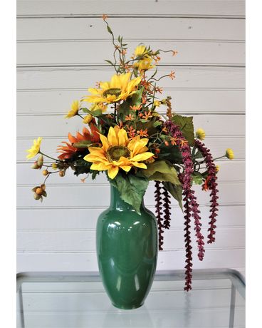 Fall Flowers in Green Ceramic Vase Flower Arrangement