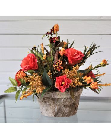 Birch Basket with Fall Flowers Flower Arrangement