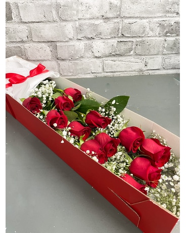 A Dozen Long Stem Boxed Roses - Red Flower Arrangement