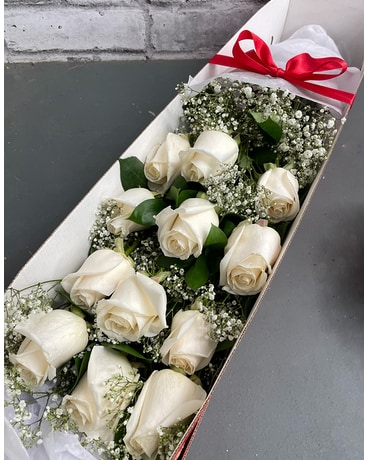 A Dozen Long Stem Boxed Roses - White Flower Arrangement