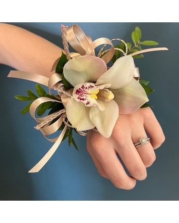 orchid wrist corsage with rose gold Corsage