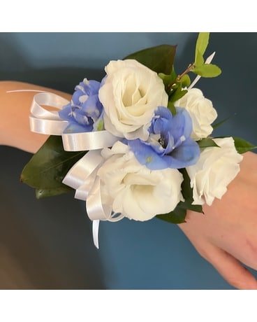 lisianthus and delphinium wrist corsage Corsage