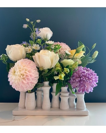 Seasonal Blooms In Ceramic Pottery Vase Flower Arrangement