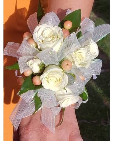 White Spray Rose Corsage with Hypericum Berries Corsage