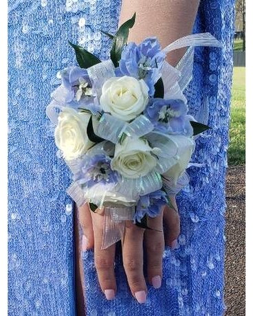 White Spray Rose and Delphinium Corsage Corsage