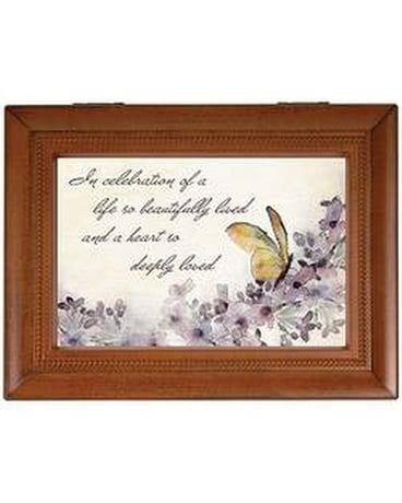 A life Beautifully Lived Music Box with Butterfly Flower Arrangement