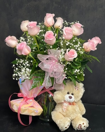 Dozen Pink Roses with Chocolates & Teddy Bear Flower Arrangement