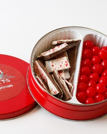 Merry Cherry Sour Peppermint Bark Christmas Tin Gift Basket