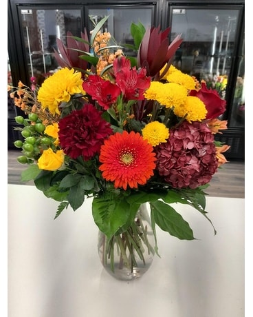 Fall Flowers Designers Selection clear vase Flower Arrangement