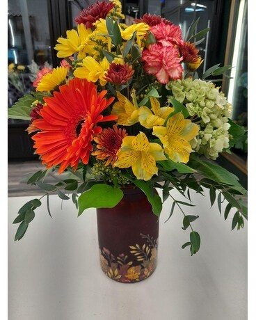 Festive Fall patterned vase Flower Arrangement