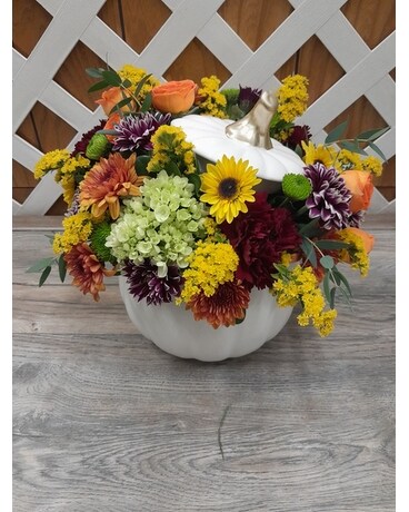 White Pumpkin with Fall Flowers Flower Arrangement