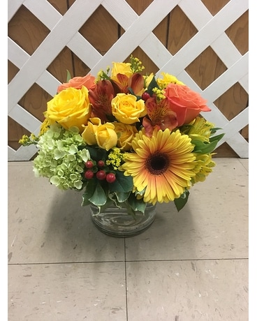 Colorful Fall cylinder Flower Arrangement