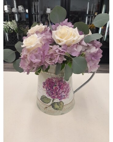 Botanical Hydrangea Tin Pitcher Flower Arrangement