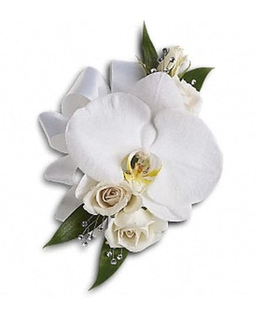 White Orchid and Rose Corsage Flower Arrangement