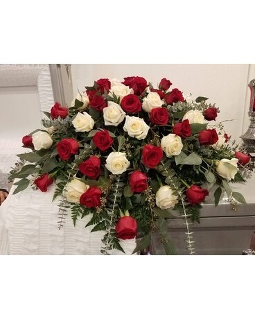Red and White Rose Casket Spray Sympathy Arrangement