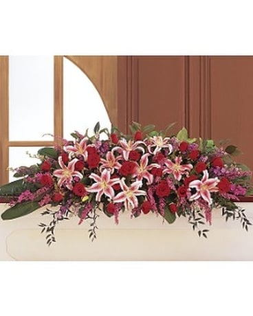 Amethyst and Ruby Casket Spray Flower Arrangement