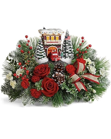 Thomas Kinkade's Festive Fire Station Bouquet Flower Arrangement