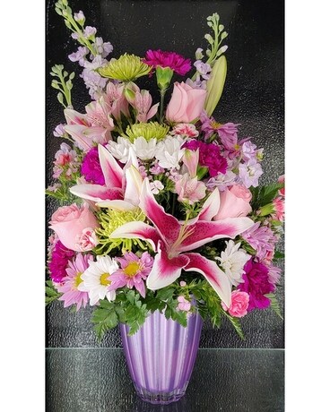 MTF2189 One Sided Mixed Spring w/ Stargazer Lilies Flower Arrangement