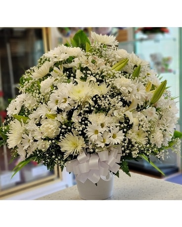 MTF646 Mixed Spring Fan Style w/ White Lilies Flower Arrangement