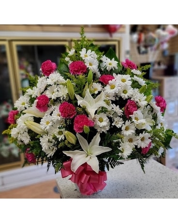 MTF648 Mixed Spring Fan Style w/ White Lilies Flower Arrangement
