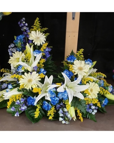 MTF913 Mixed Spring w/ White Lilies Urn Spray Flower Arrangement