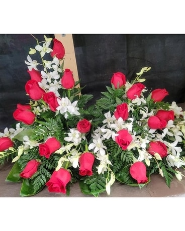 MTF922 2 Dozen Red Roses & White Orchids Urn Spray Flower Arrangement