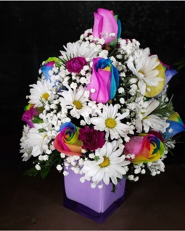 MTF2196 12 Rainbow Roses w/ Spring Flowers Cube Flower Arrangement