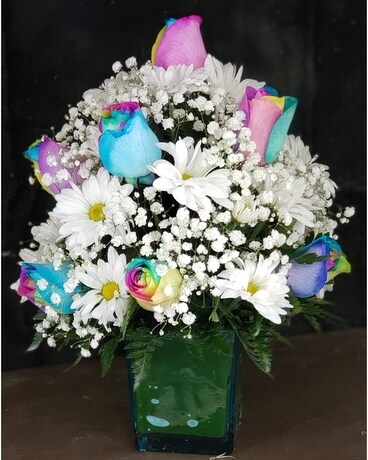 MTF2197 12 Rainbow Roses & White Daisy Cube Flower Arrangement