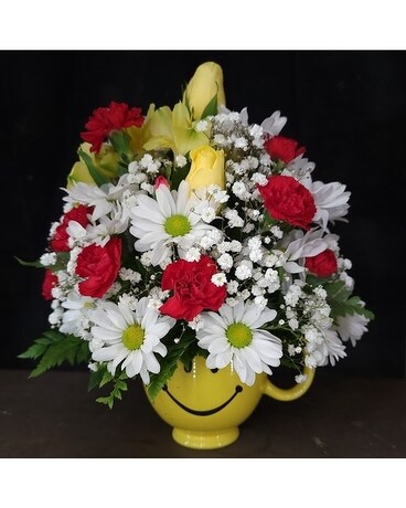 MTF2214 Yellow Roses & Spring Happy Face Mug Flower Arrangement