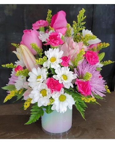 MTF2234 Spring, Stargazer, Pink Roses In White Cyl Flower Arrangement