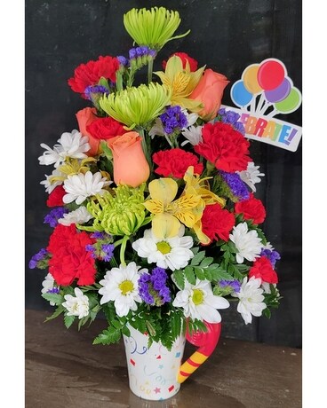 MTF2252 Orange Roses & Mixed Spring Fun & Festive Flower Arrangement
