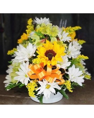 MTF2266 White & Yellow Spring w/ Sunflowers Round Flower Arrangement
