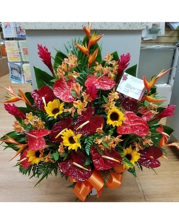 MTF634 Tropical & Spring Fan Style w/ Sunflowers Flower Arrangement