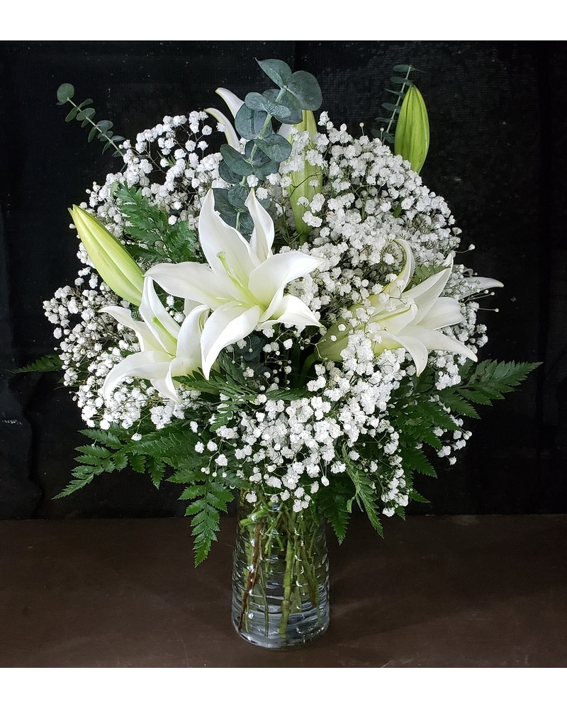 MTF3101 White Lily Vase Arrangement in Mililani Town HI - Mililani