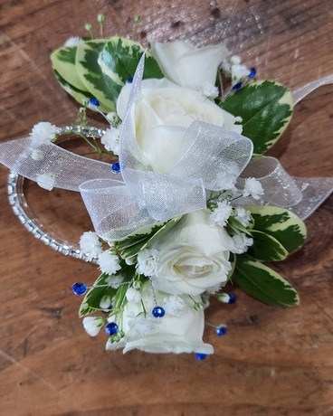 White roses with a touch of bling Wristlet Corsage