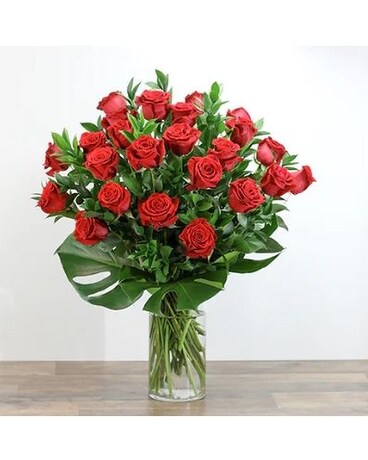 Classic Red Roses & Modern Foliage (24) Flower Arrangement