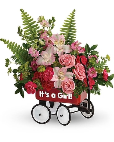 It's A Girl Red Wagon Flower Arrangement