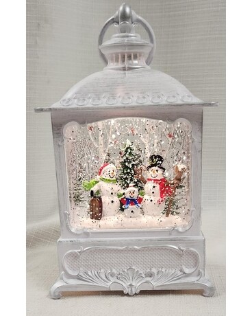 White Lantern Waterglobe with Snowmen Gifts