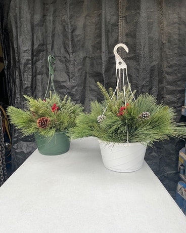 Two Decorative Evergreen Hanging Baskets Flower Arrangement