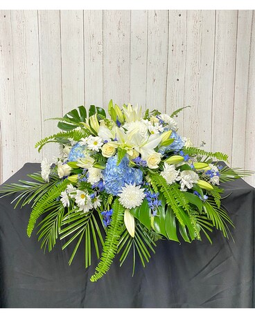 Blue and White Casket Spray Flower Arrangement