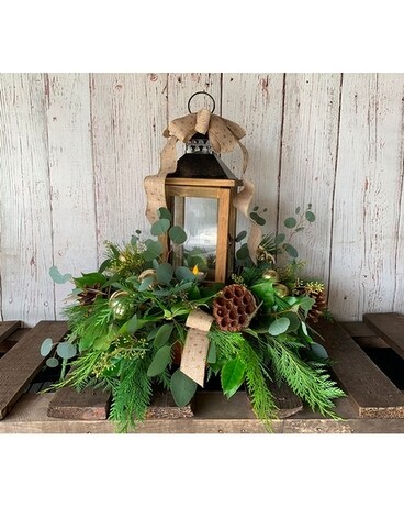 Holiday Glow Lantern - Evergreen Flower Arrangement