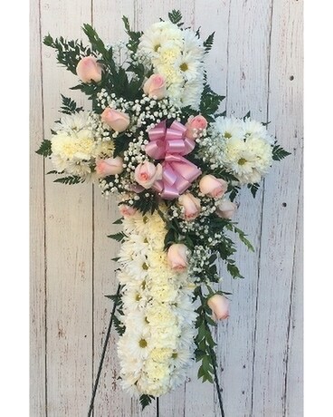 White Cross w/ Pink Roses Sympathy Arrangement